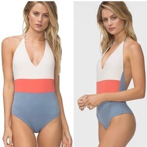 TAVIK Women’s CHASE Moderate One Piece Swimsuit Deep V Pink Sorbet/Blue. Sz S